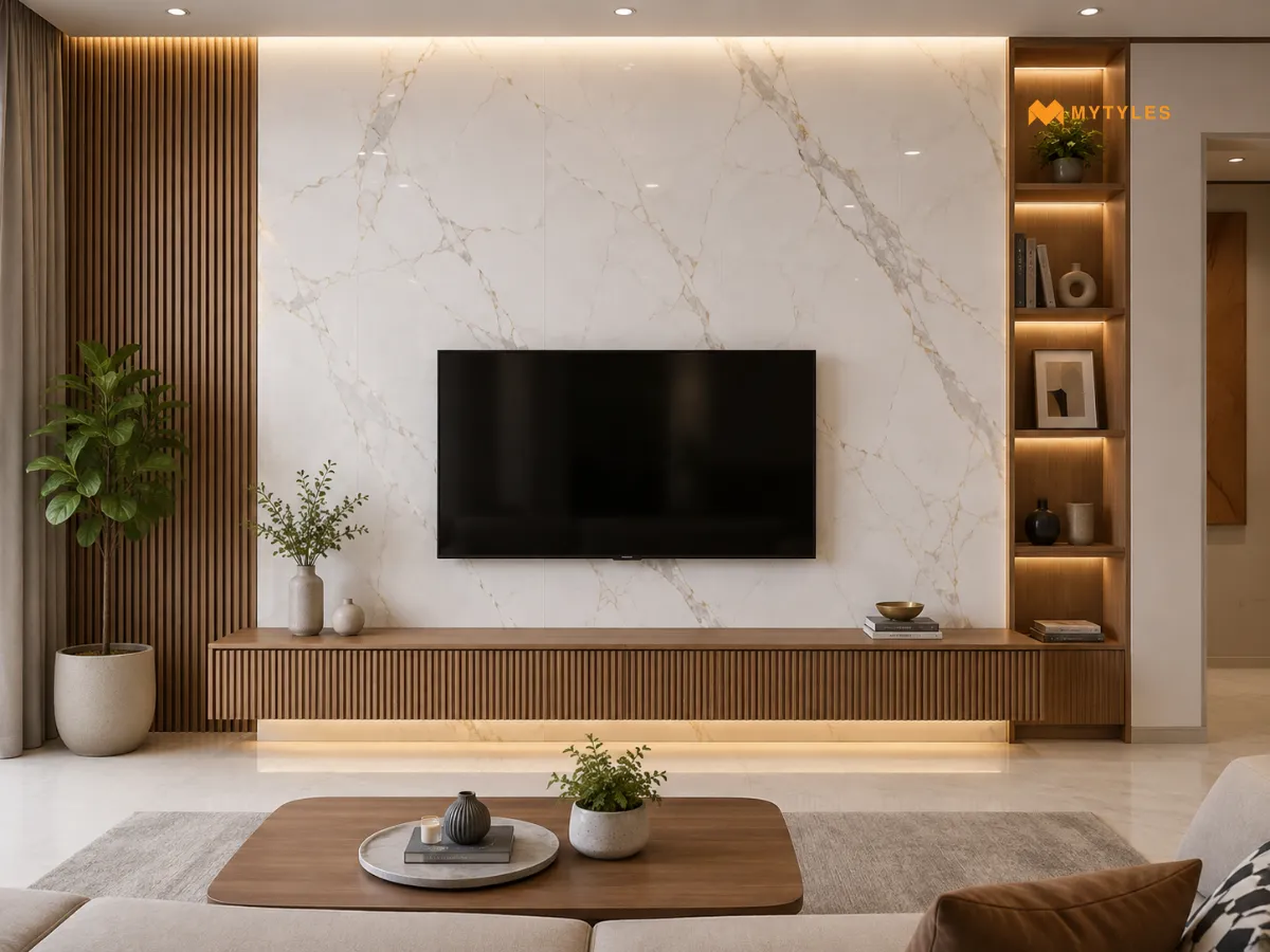 Statuario Feature Wall with Warm Wood Accents